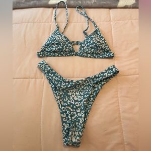 Blue and white cheetah high cut bikini swimsuit